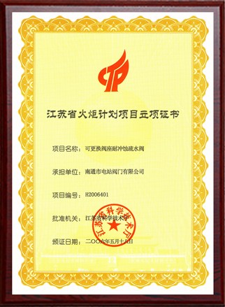 江蘇省火炬計(jì)劃項(xiàng)目立項(xiàng)證書